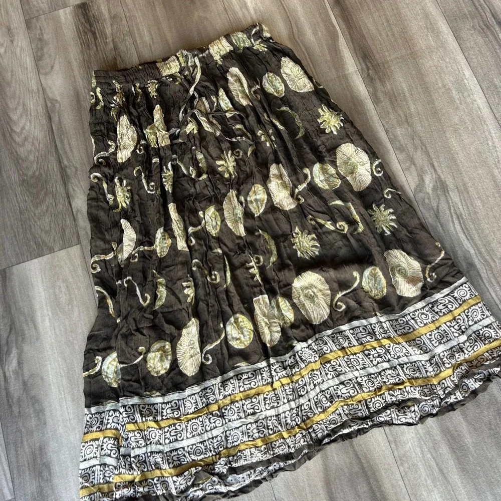 Orvis Brown Rayon Celestial Sun Moon Print Midi Skirt Elastic Waist Boho 0833